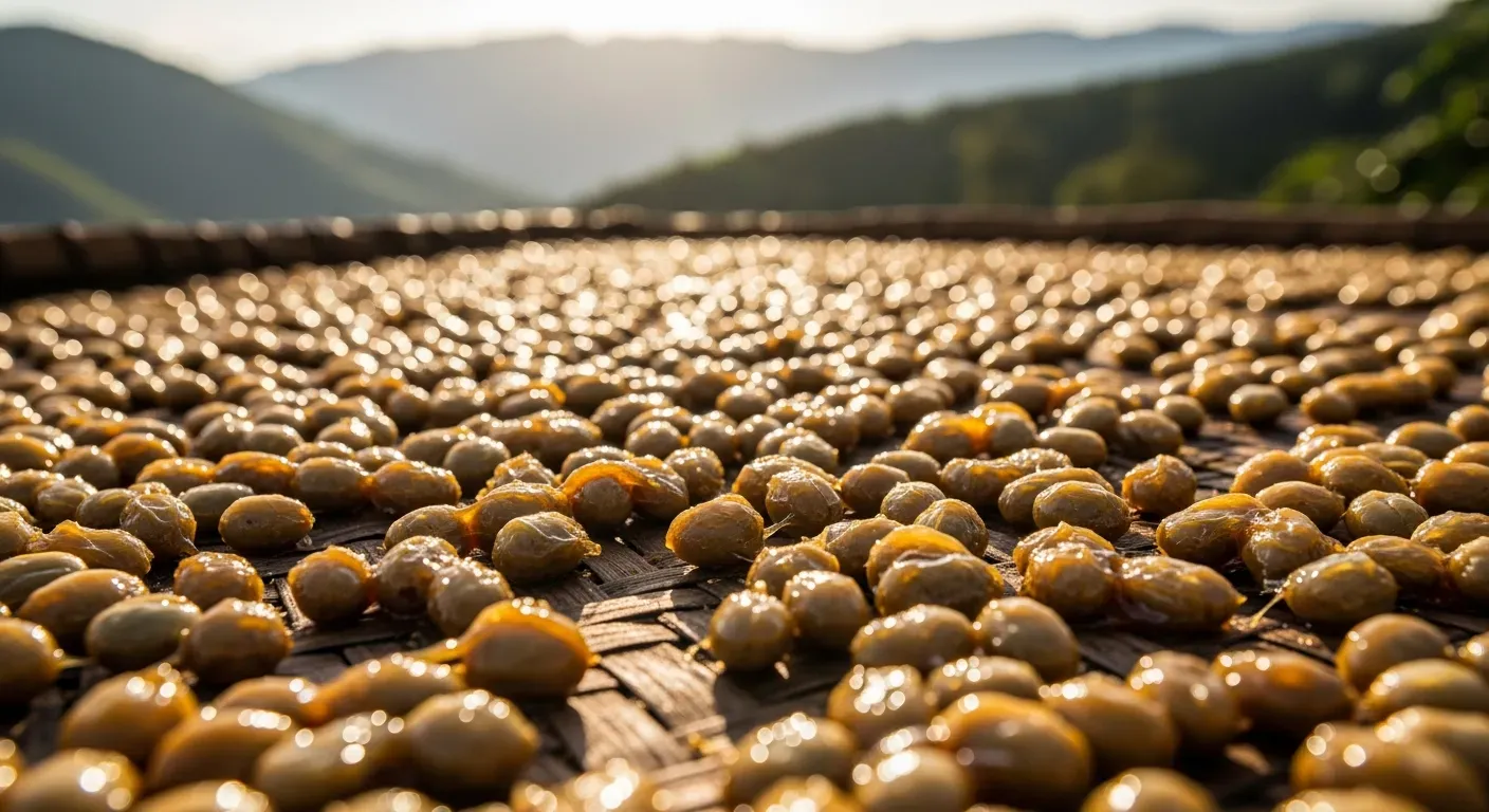 Granos de café con mucílago pegajoso secándose al sol.