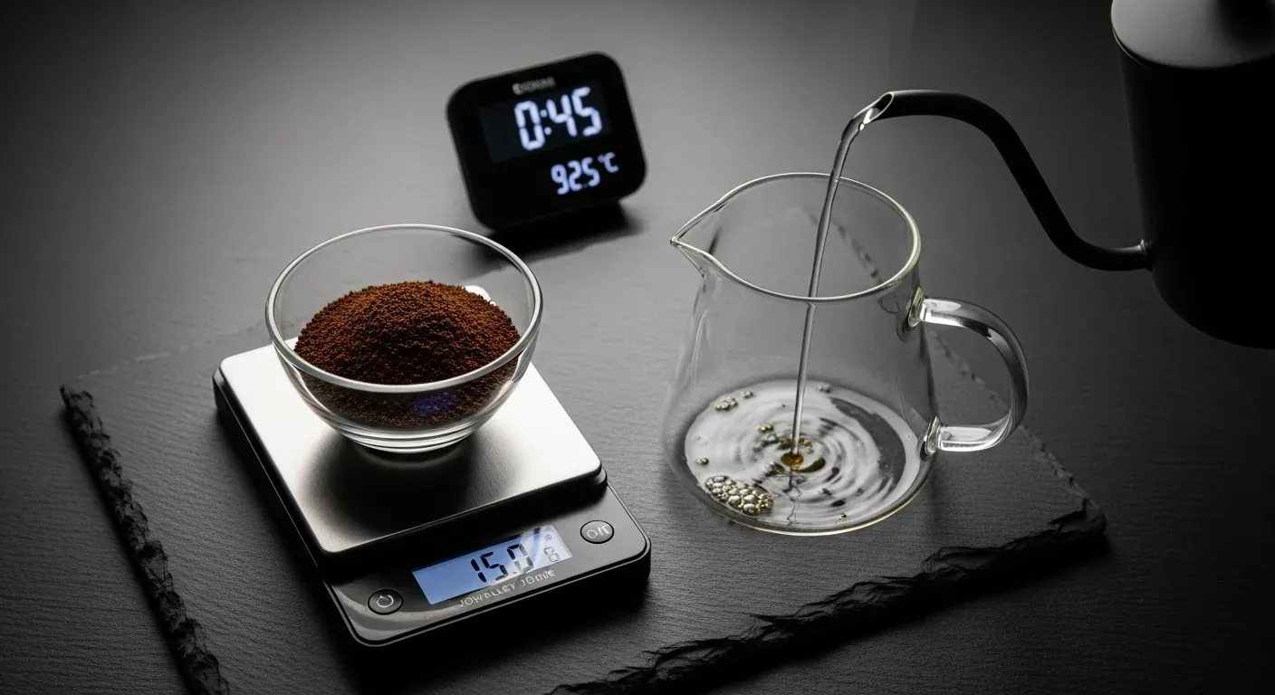 Una báscula mostrando la relación entre gramos de café y mililitros de agua.