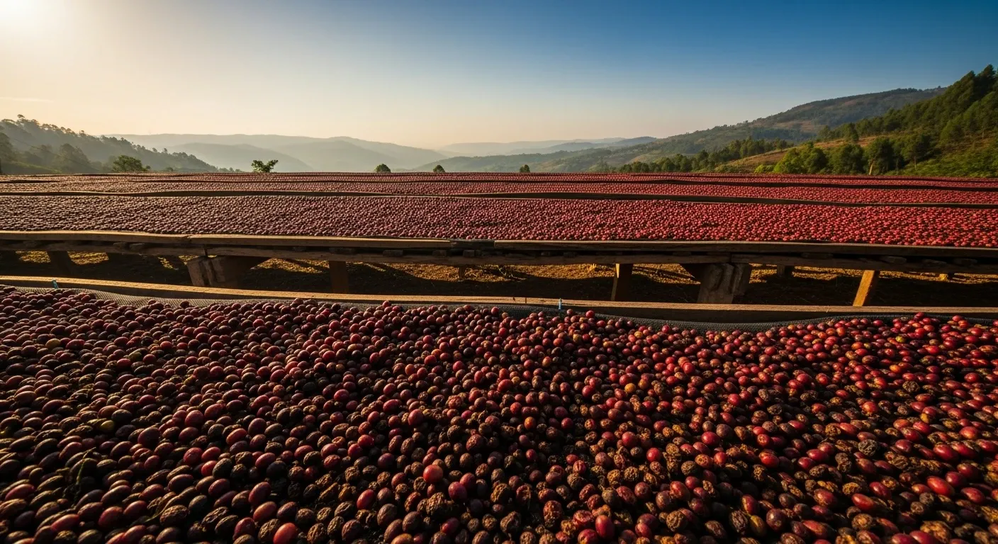 Cerezas de café enteras secándose al sol en patios elevados.