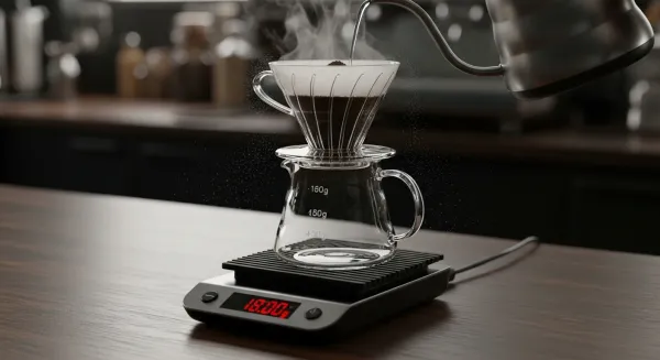 Café molido en una báscula digital.