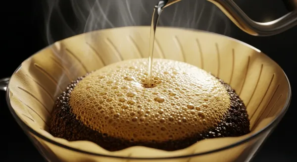 Agua caliente cayendo sobre café molido creando burbujas y espuma.