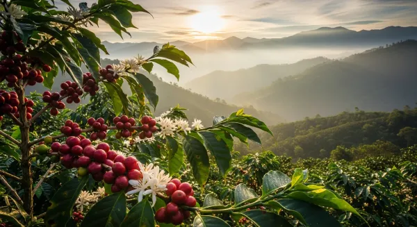 Cafetales en una zona montañosa tropical.