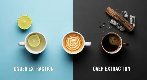 Dos tazas de café comparando un flujo pálido (sub) con uno oscuro y denso (sobre).