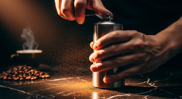 Café en grano cayendo en un molino manual.