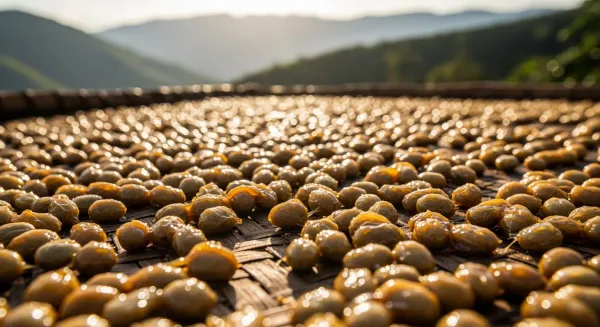 Granos de café con mucílago pegajoso secándose al sol.