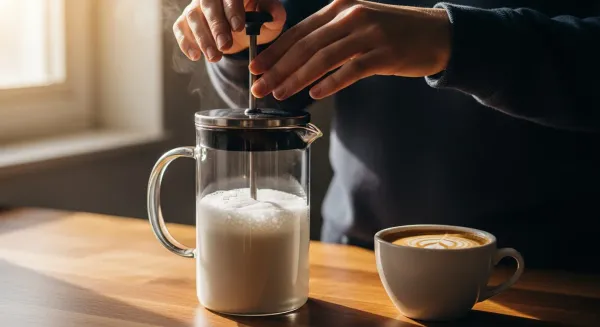 Alguien batiendo leche con el émbolo de una prensa francesa.