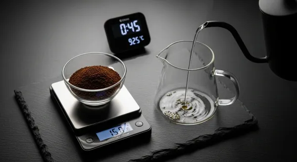 Una báscula mostrando la relación entre gramos de café y mililitros de agua.