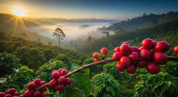 Vista de una plantación de café en la cima de una montaña nublada.