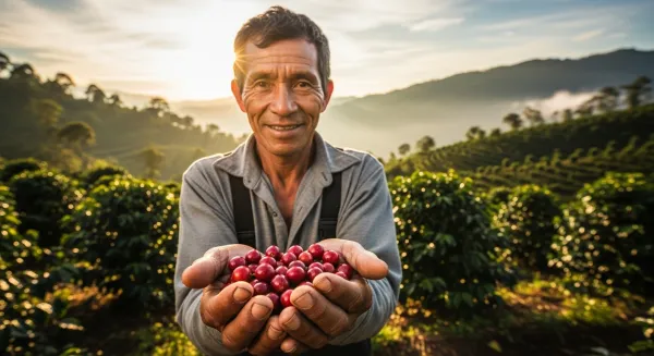 Agricultor sosteniendo cerezas maduras de café.