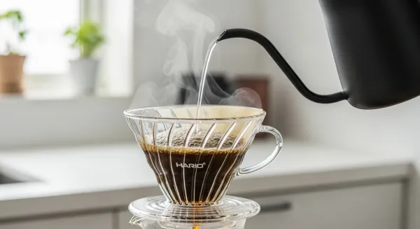 Alt: Agua vertiéndose en espiral sobre un V60.